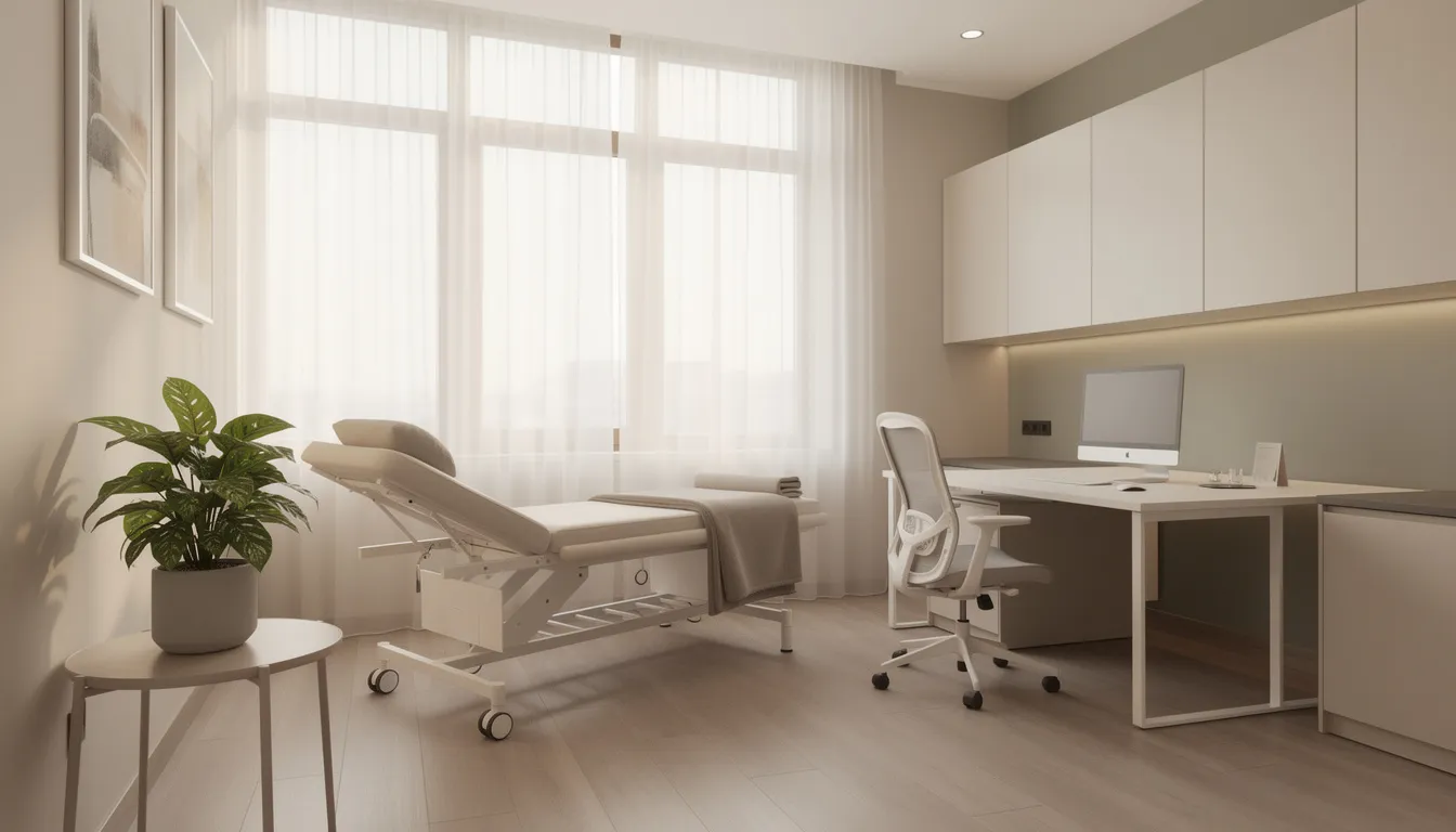 The image depicts a serene and modern medical room, designed for comfort with soft lighting and cozy furnishings, ideal for the detox process. This calming environment is essential for individuals undergoing withdrawal symptoms, providing a supportive space for addiction treatment under medical supervision.