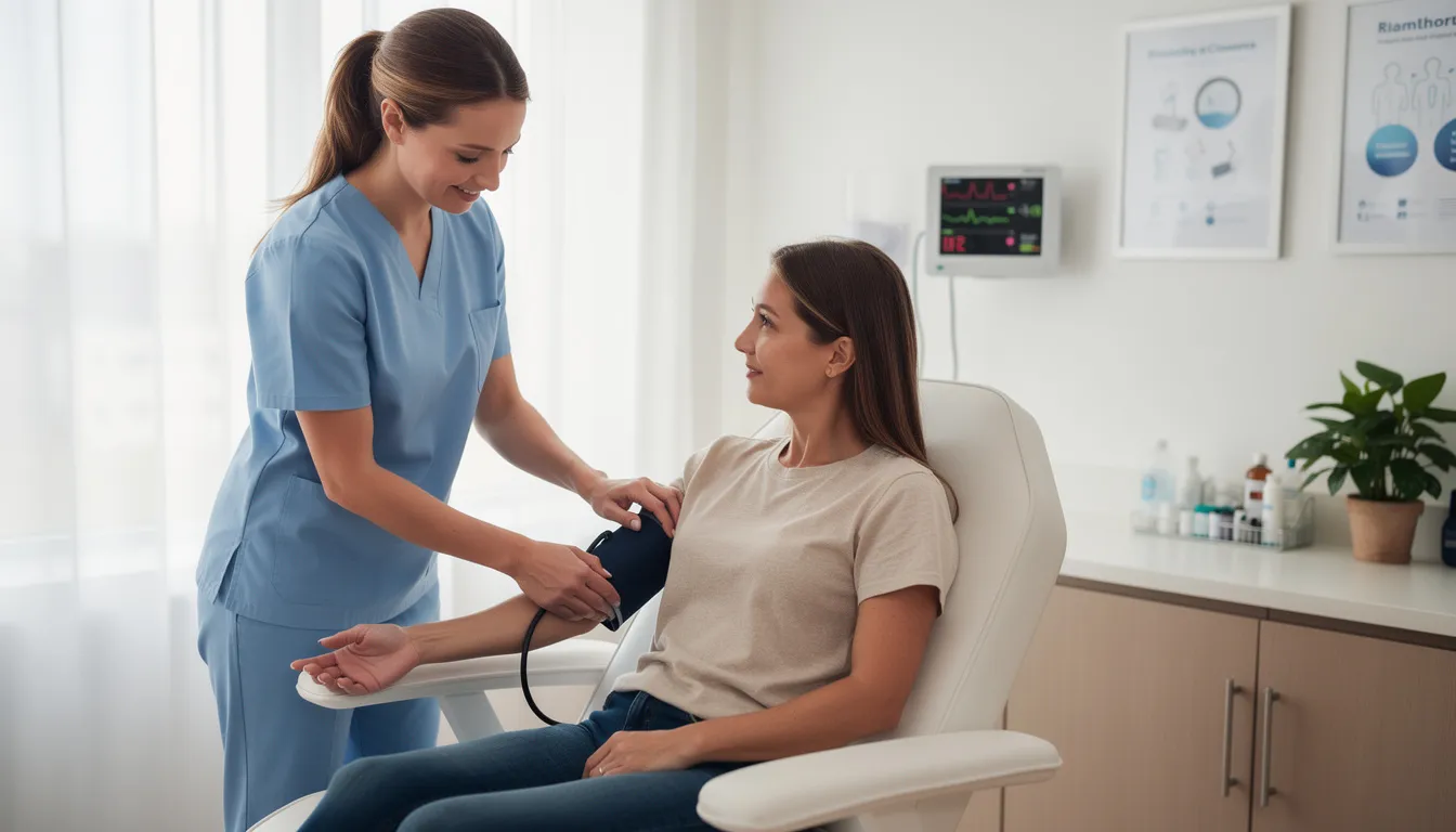 A healthcare professional is seen taking the vital signs of a patient in a comfortable clinical setting, ensuring medical supervision during the detox process for alcohol addiction. This scene highlights the importance of managing withdrawal symptoms under the care of medical professionals in a safe environment.