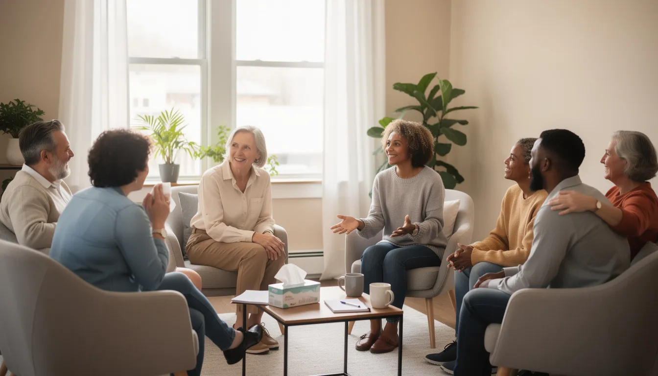 The image depicts a diverse group of individuals engaged in a supportive counseling session, emphasizing a collaborative atmosphere for discussing addiction treatment and recovery. This setting highlights the importance of group therapy and peer support in addressing substance use disorders and promoting lasting recovery.