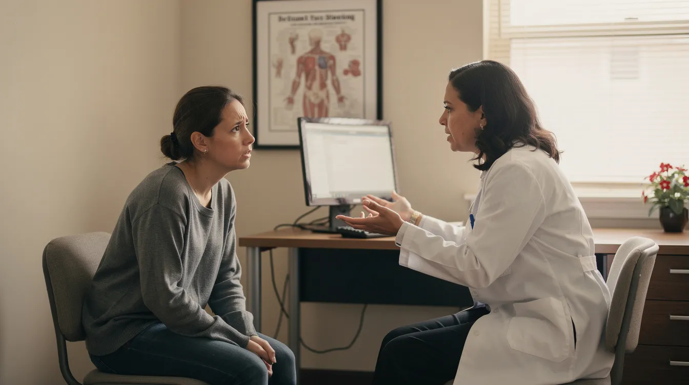 The image depicts a concerned family member engaging in a conversation with a medical professional in a calm office setting, focusing on the treatment services available for managing withdrawal symptoms associated with substance use disorders. The atmosphere conveys a sense of safety and support, highlighting the importance of medical supervision in the detox process for long-term recovery.