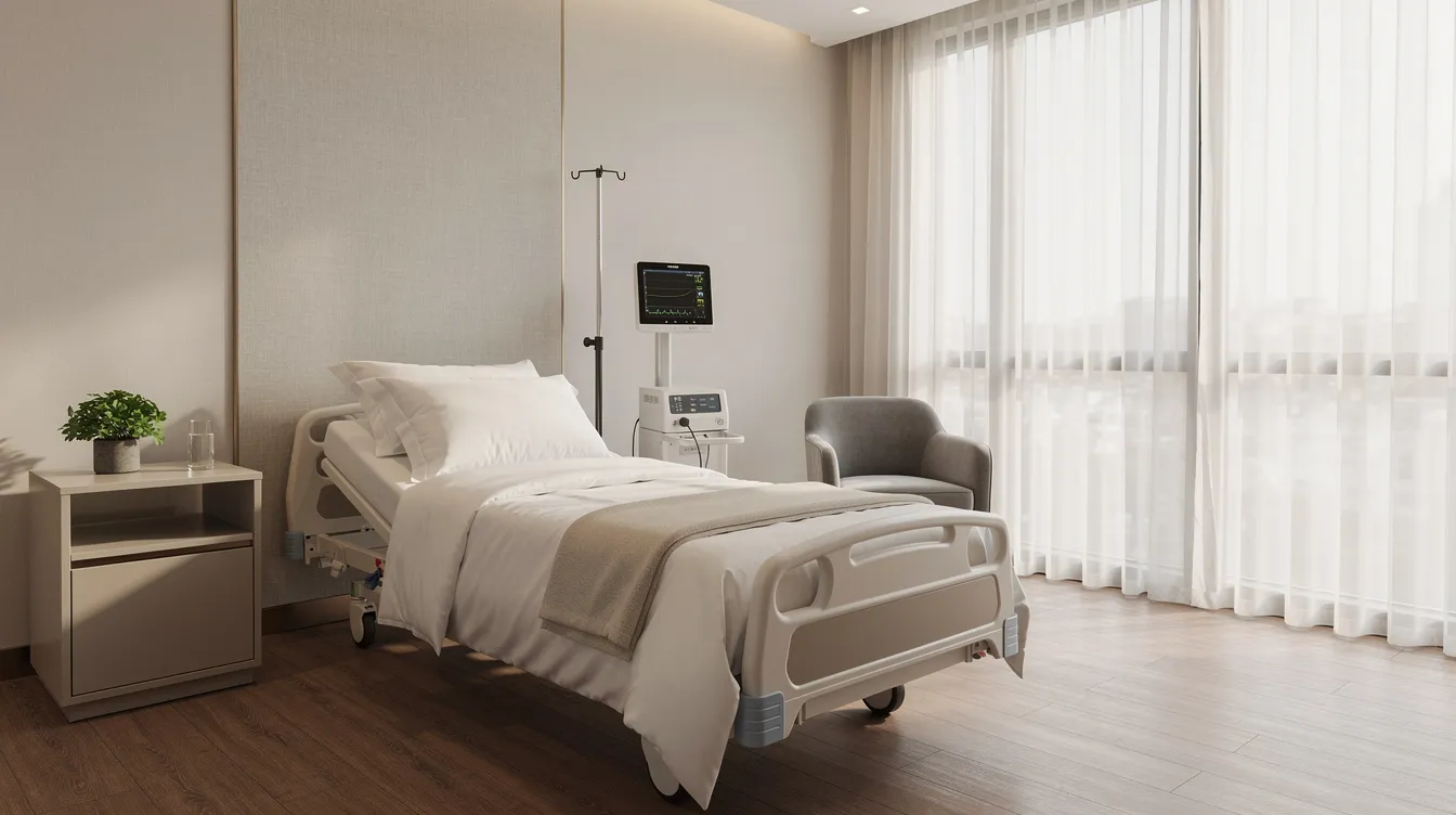 The image depicts a serene medical facility room designed for comfort, featuring soft bedding and ample natural light, creating a safe environment for patients undergoing the detox process. This peaceful setting is ideal for managing withdrawal symptoms and supports the recovery process in a medically supervised detox center.