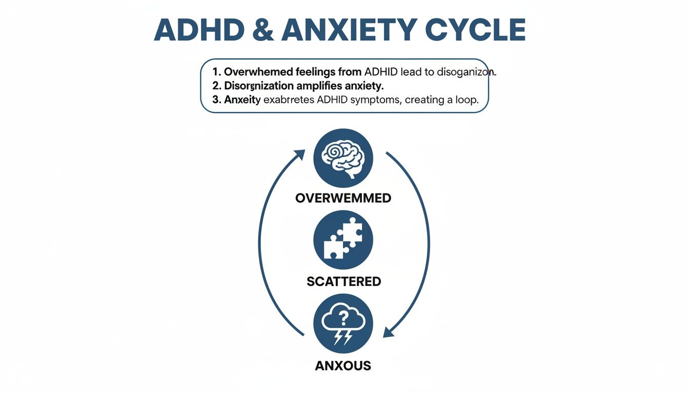 A diagram illustrating the ADHD and anxiety cycle with overwhelmed, scattered, and anxious stages.