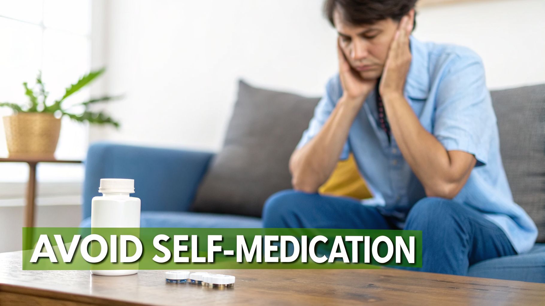 A distressed man holds his head, with medication on a table and a warning: AVOID SELF-MEDICATION.