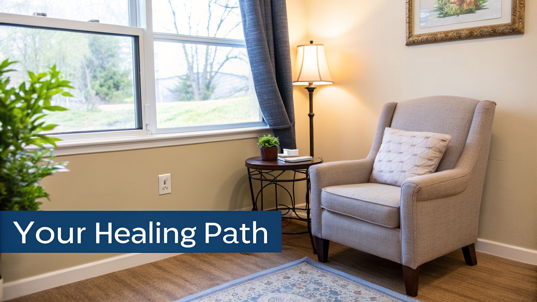 A cozy, well-lit therapy room featuring a comfortable armchair, side table, lamp, and window.