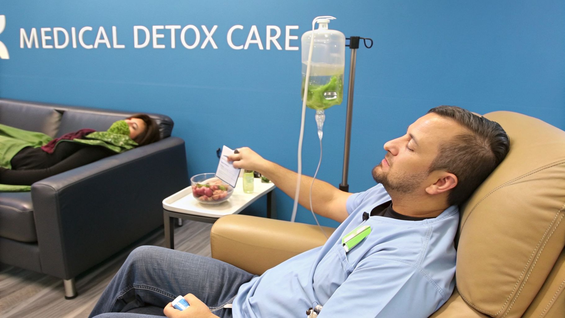 A man receives an IV drip while a woman rests on a couch in a medical detox care facility.