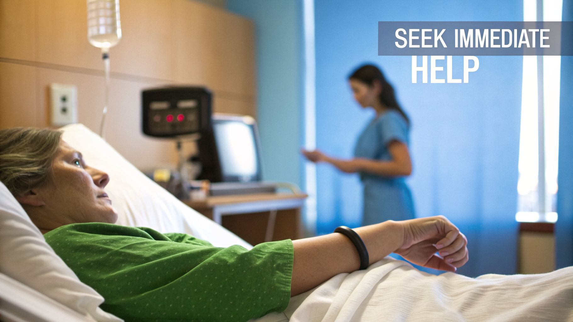 A woman lies in a hospital bed with an IV drip, while a nurse is in the background.