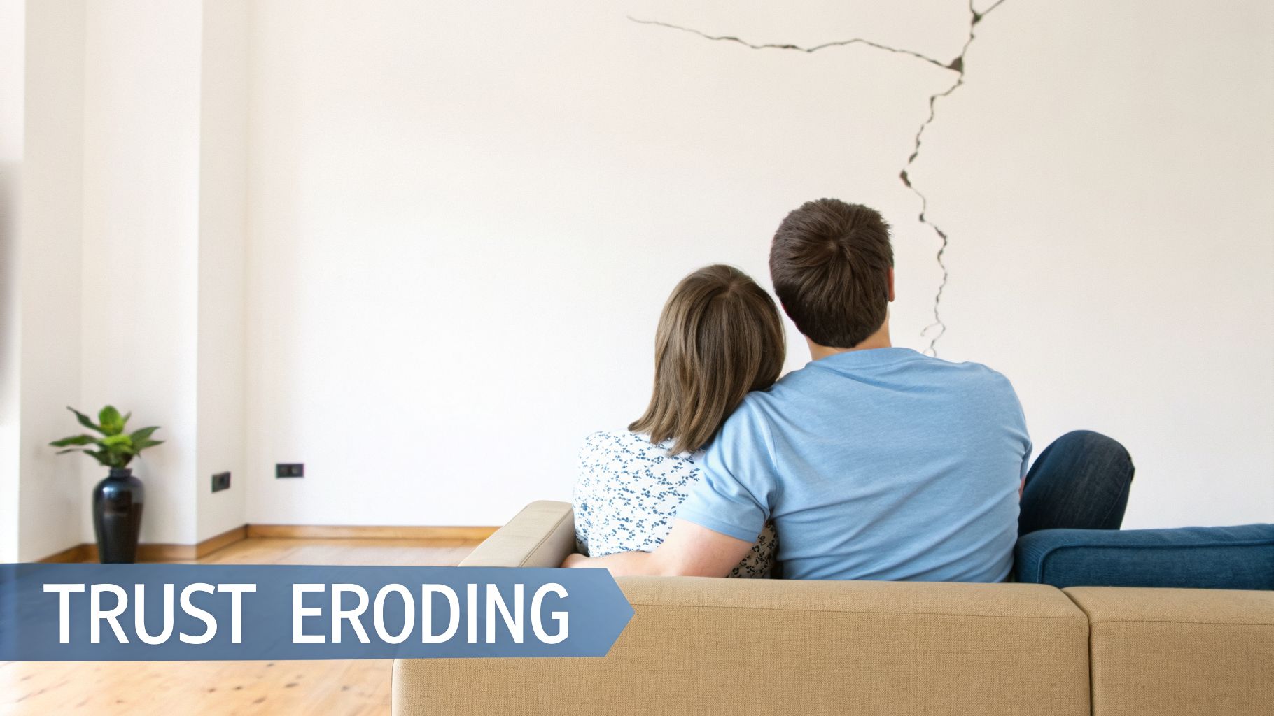 A couple sits on a sofa, looking at a cracked wall, symbolizing eroding trust in a relationship.