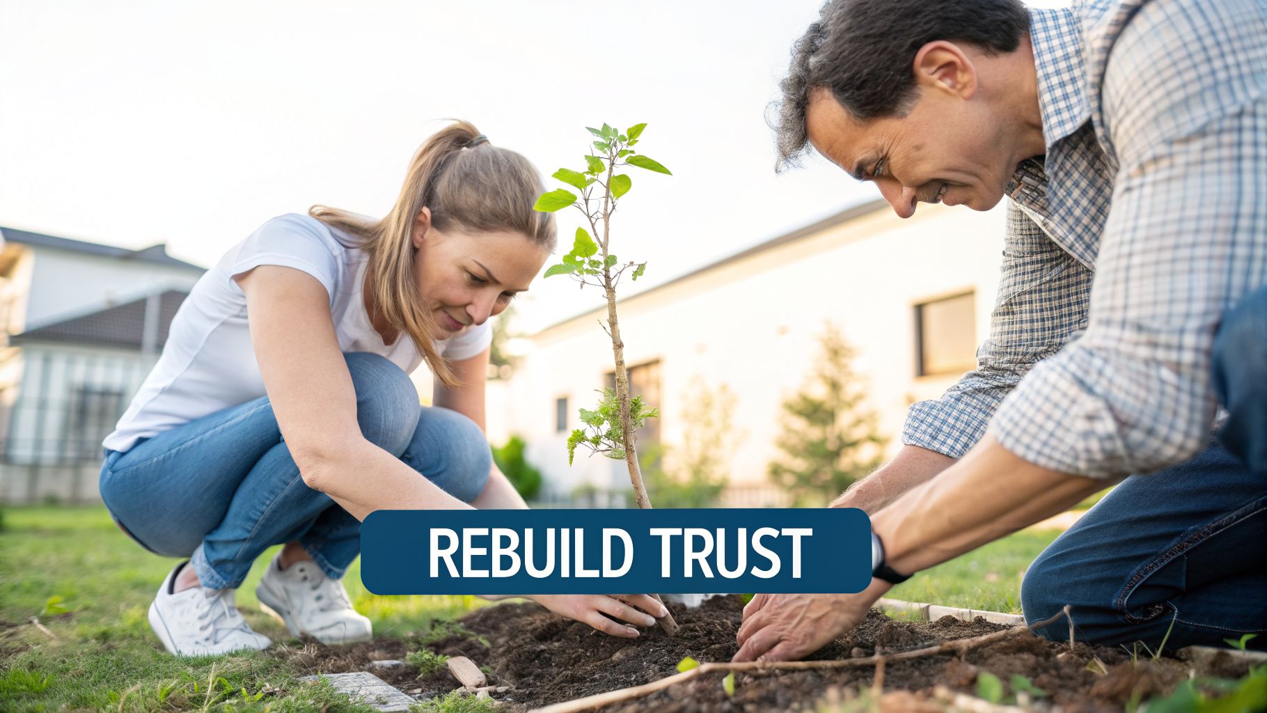 A man and woman gently plant a young tree, symbolizing the importance of rebuilding trust.