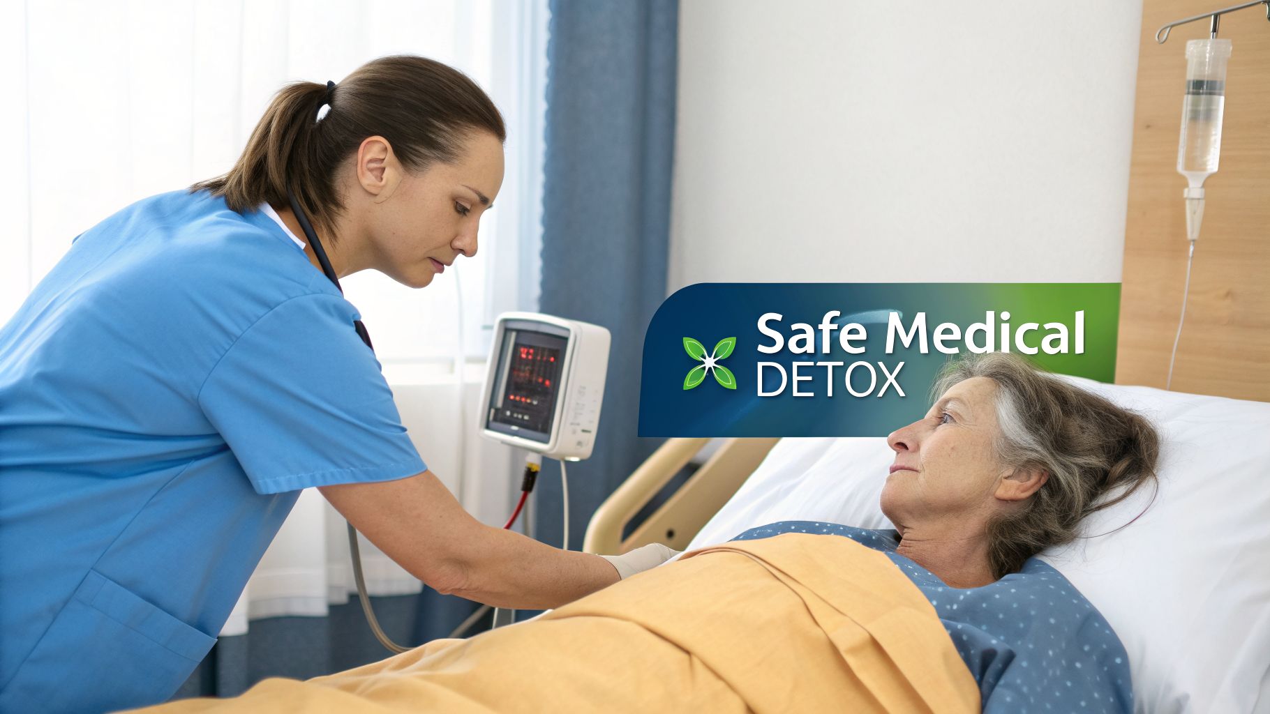 A nurse in scrubs attends to an elderly patient in a hospital bed with medical equipment.