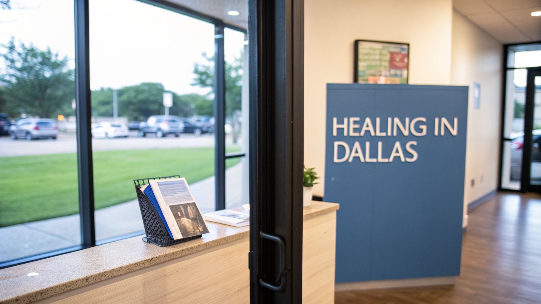 A bright clinic reception area with a 'Healing in Dallas' sign and brochures on a counter.