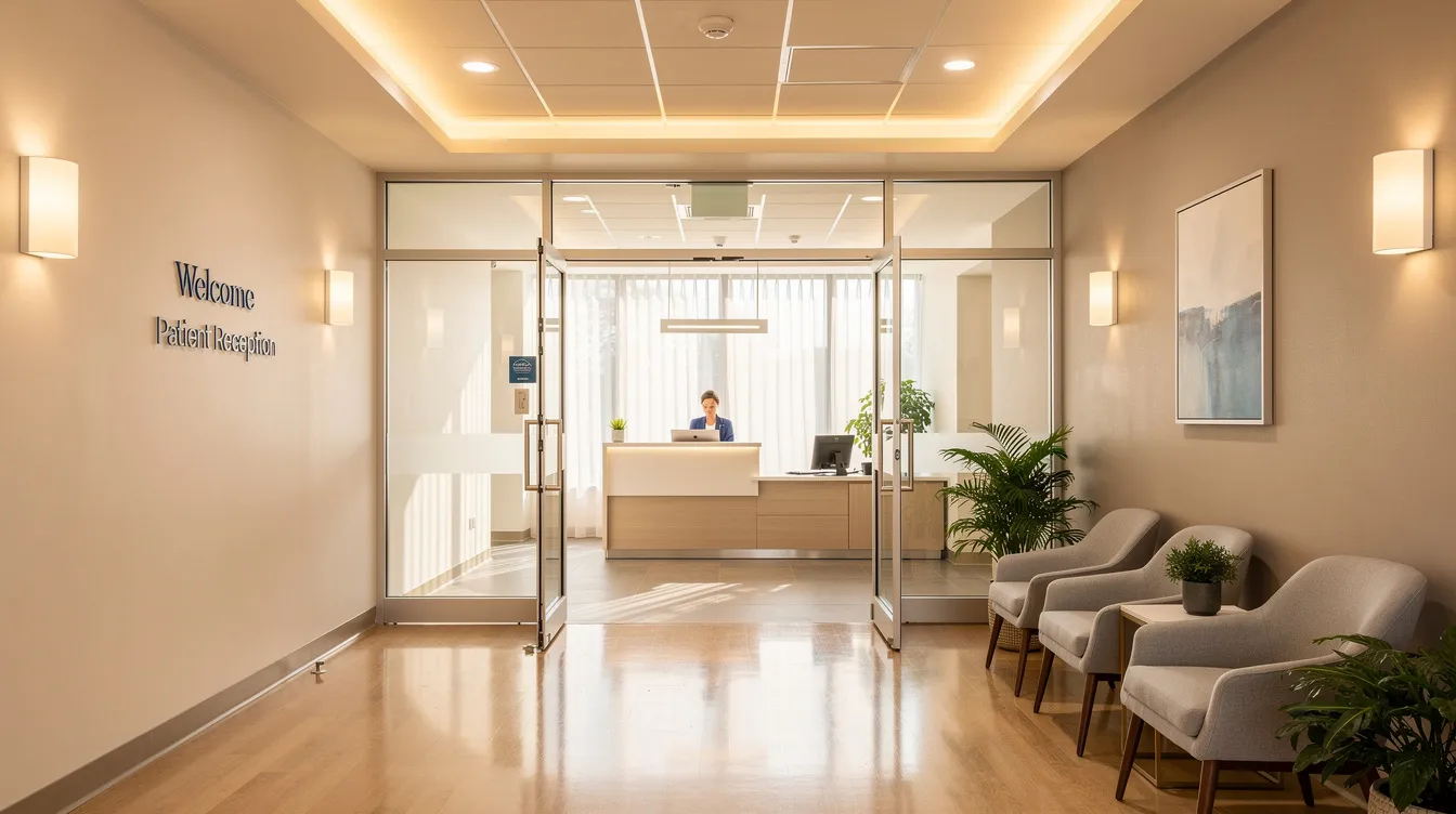The image depicts a welcoming entrance to a medical facility designed for substance abuse treatment, featuring warm lighting and a professional atmosphere. This safe environment is ideal for individuals seeking help with substance use disorders and the detoxification process under medical supervision.
