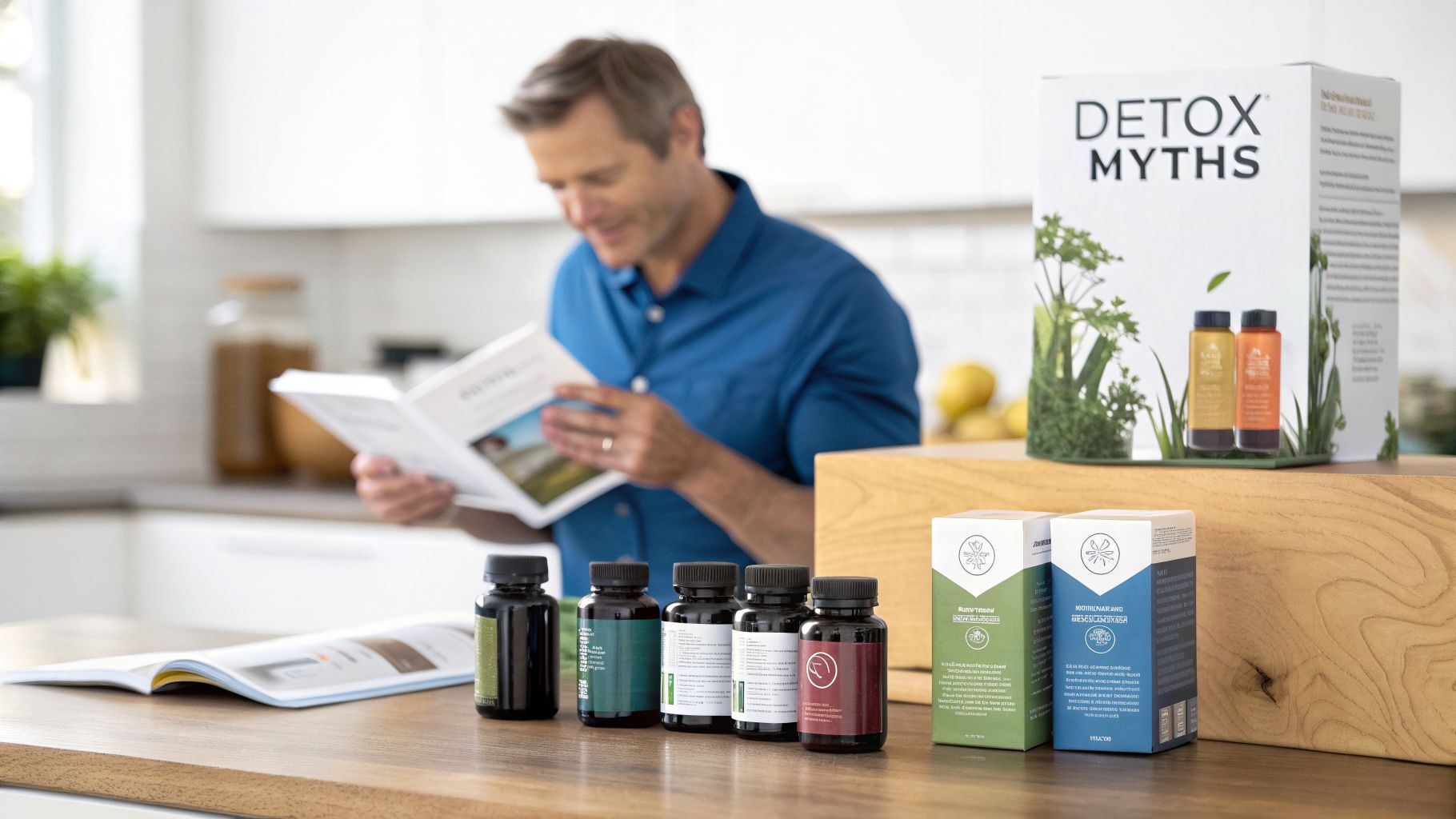 A man reads a book in a kitchen while various detox and supplement products are displayed on a wooden counter.