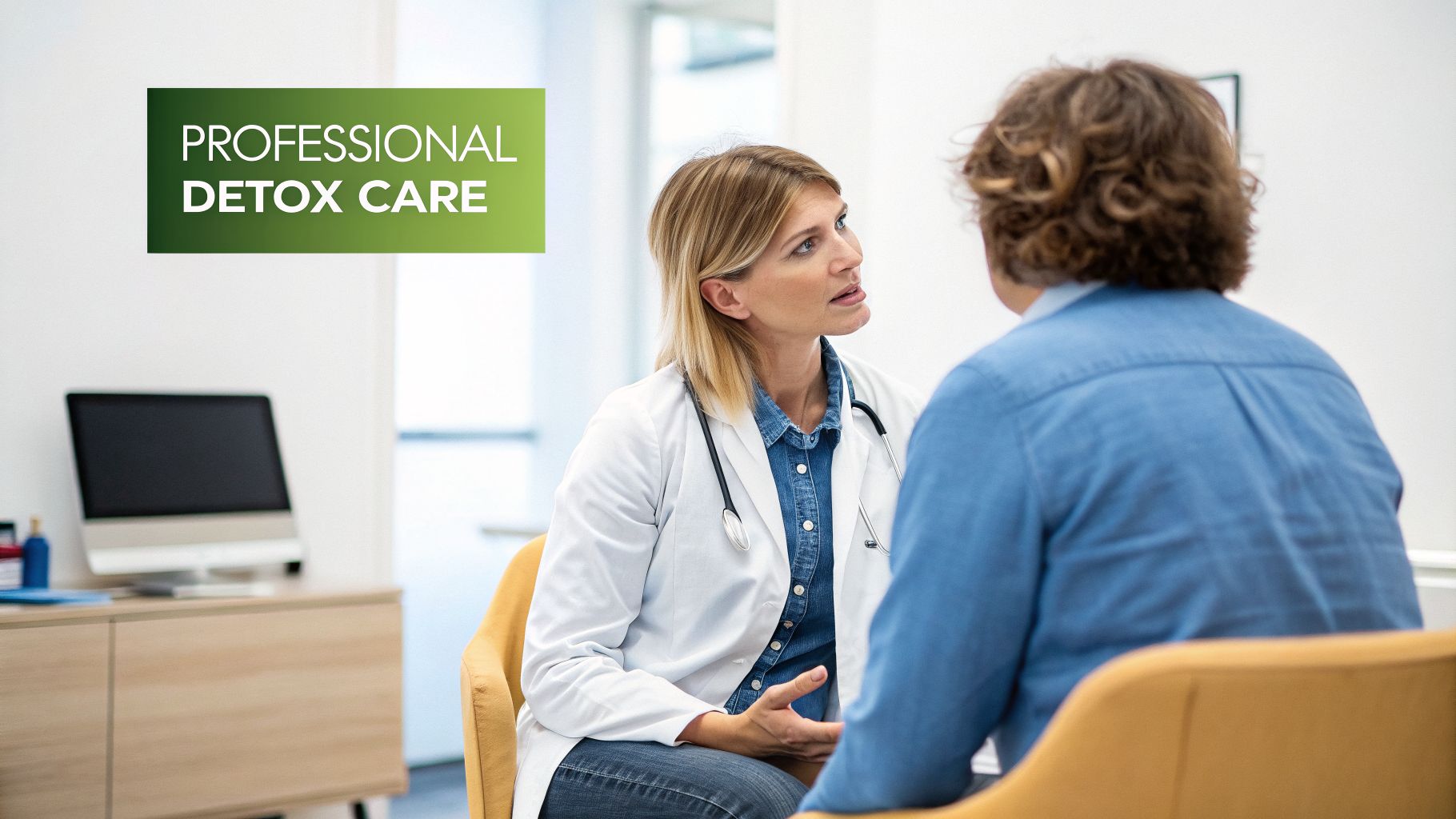 A female doctor discusses professional detox care with a patient in a medical office setting.