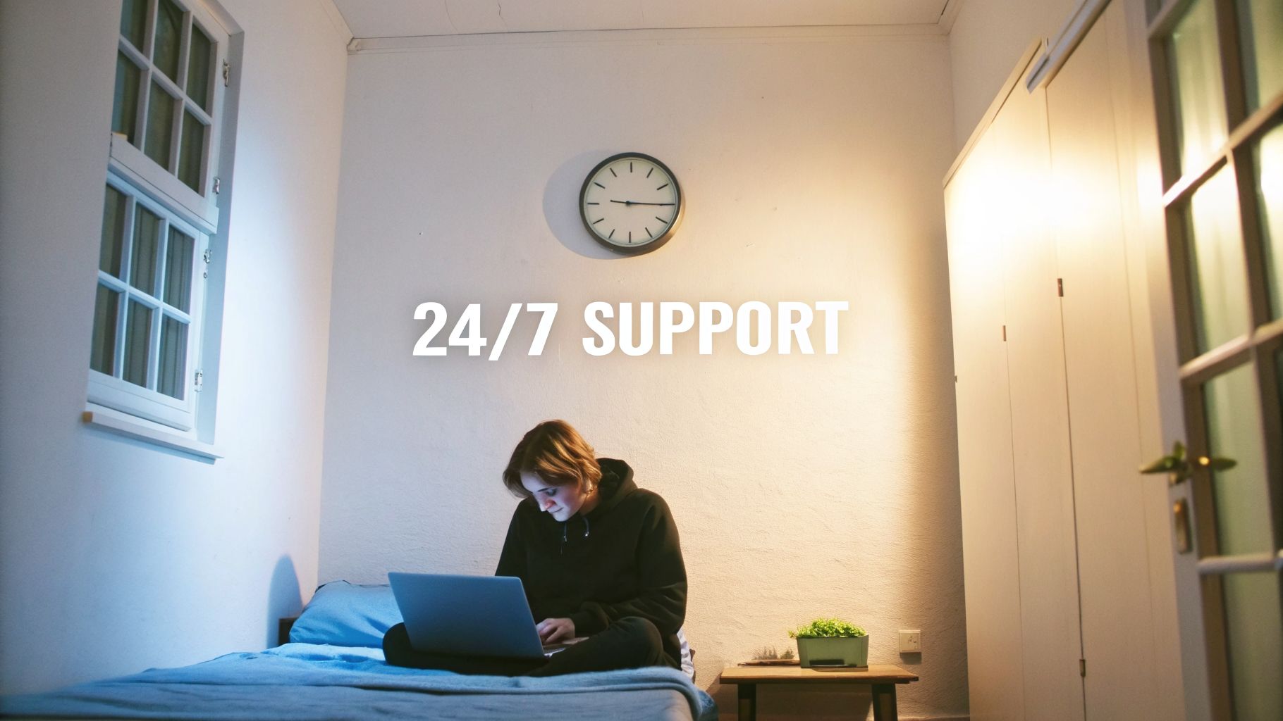 A young person on a bed using a laptop late at night, with '24/7 SUPPORT' text displayed.