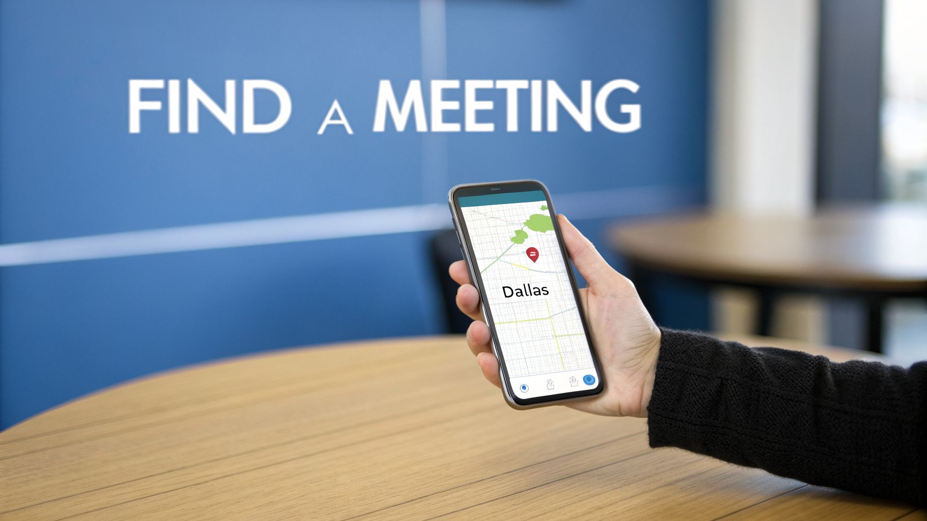 A hand holds a smartphone displaying a map with 'Dallas' and a location pin, against a blue wall with 'FIND A MEETING' text.