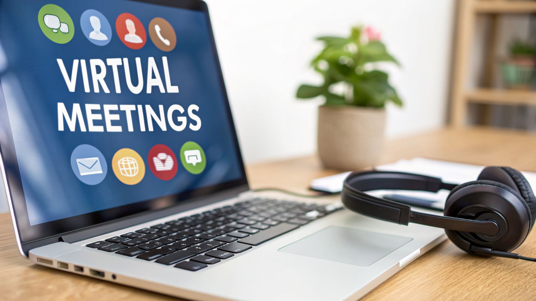 Laptop showing 'VIRTUAL MEETINGS' on screen with communication icons, alongside headphones on a wooden desk.