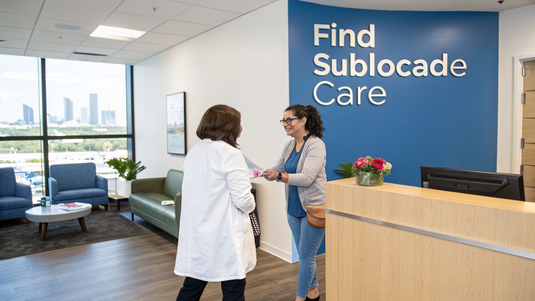 Two women exchange documents at a modern clinic reception desk with a 'Find Sublocade Care' sign.