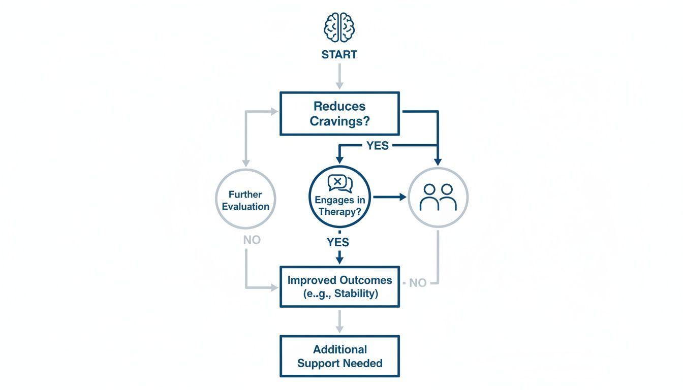 Flowchart showing steps for craving reduction, therapy engagement, and improved patient outcomes.