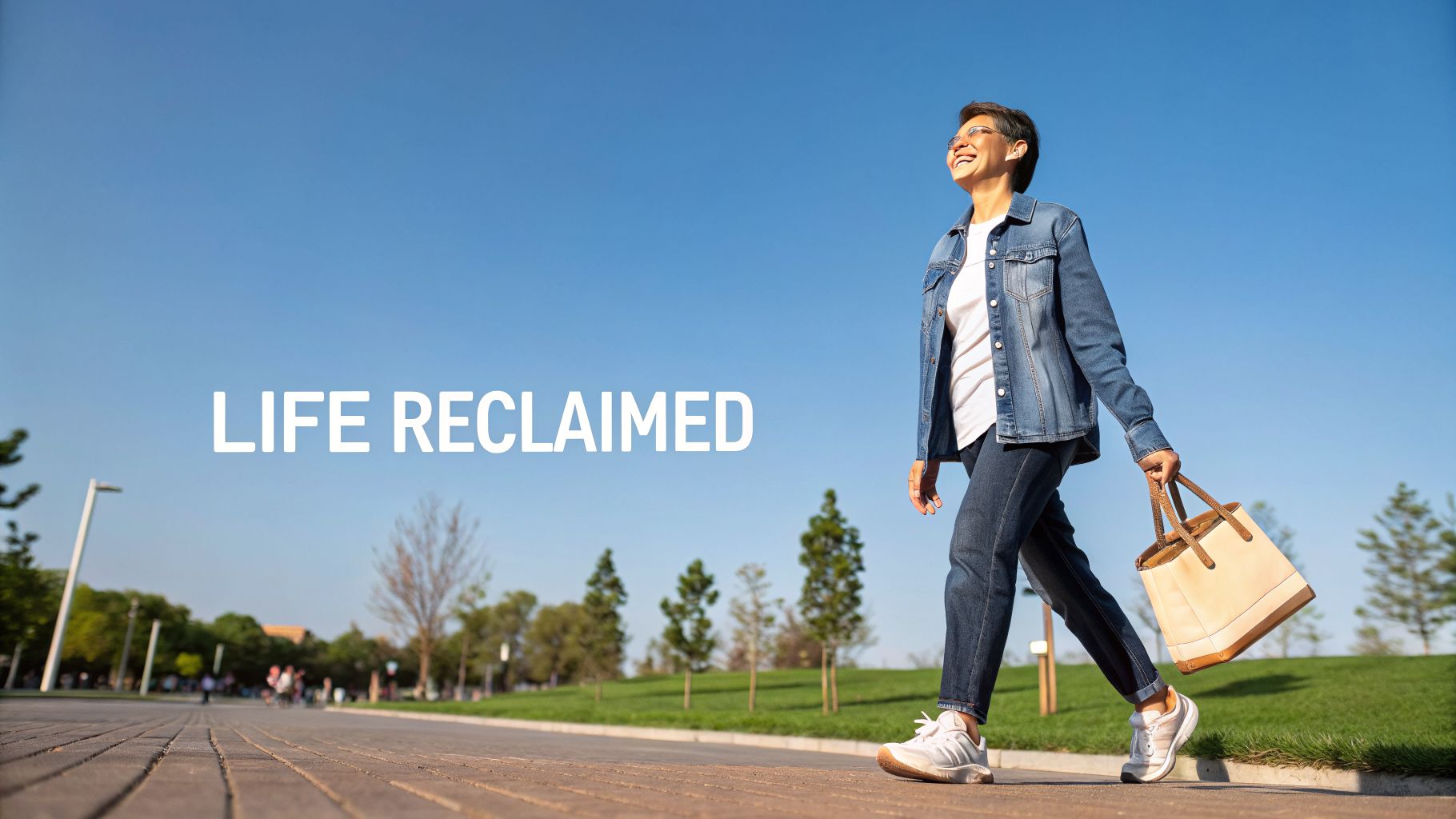 A happy woman walks outdoors under a clear sky, holding a bag, with 'LIFE RECLAIMED' text.