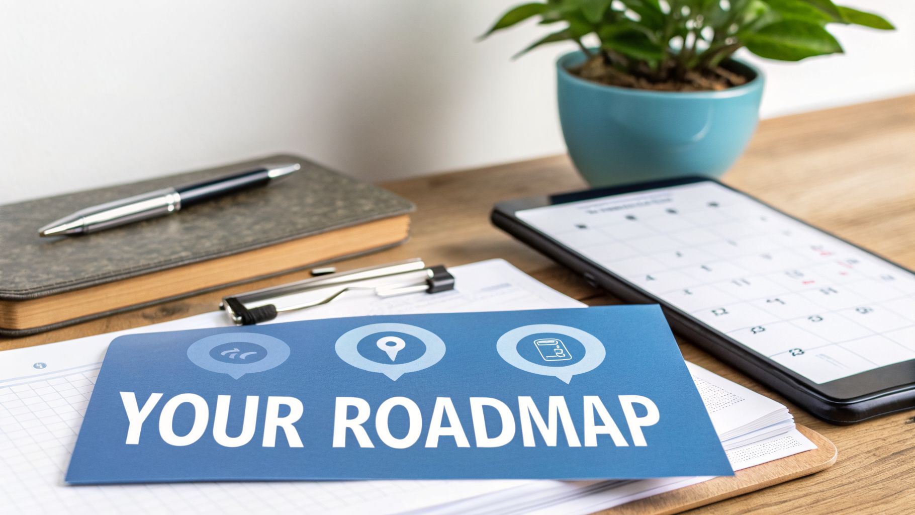 A blue card displaying 'YOUR ROADMAP' with icons, a pen, notebook, and calendar on a desk.