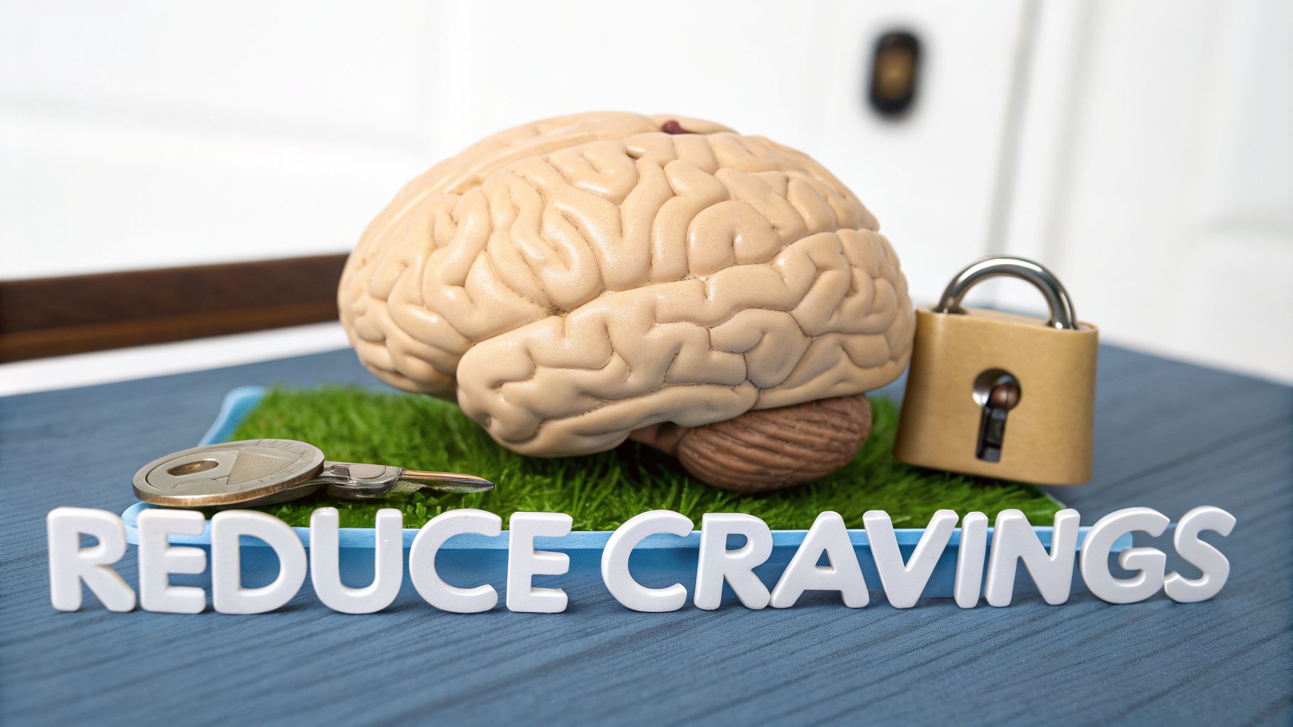 A brain model, padlock, key, and 'REDUCE CRAVINGS' text symbolize controlling desires.