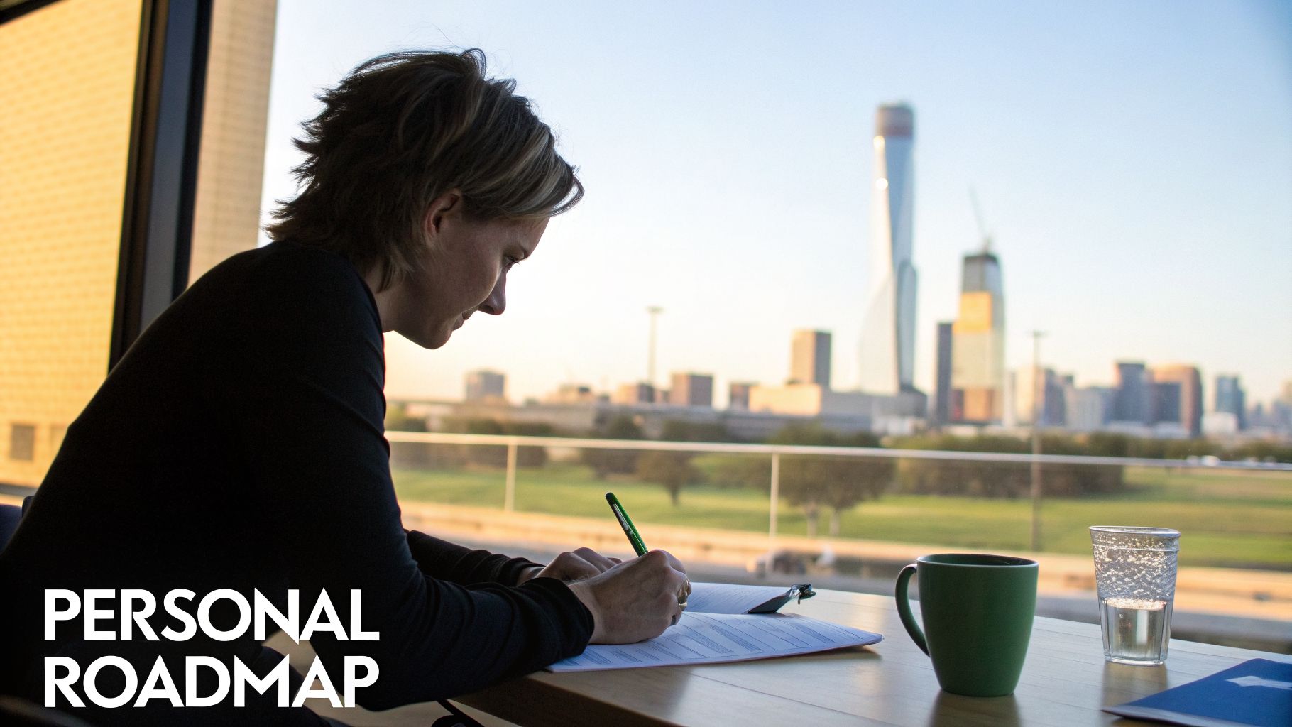 A woman writes a personal roadmap on paper at a table overlooking a city skyline.