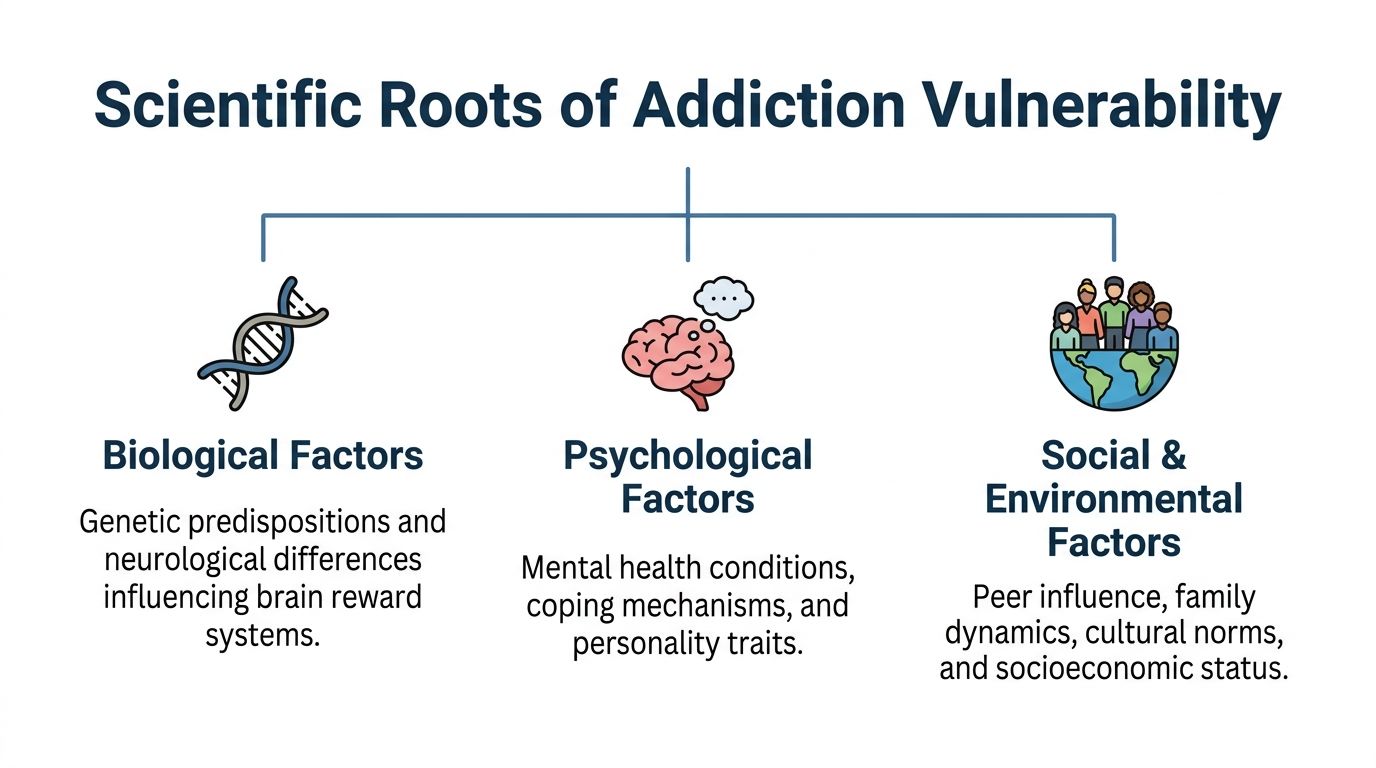 An infographic showing the three scientific roots of addiction vulnerability: biological, psychological, and social environmental factors.