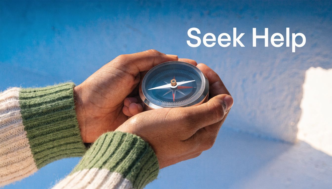 A person holding a compass in their hands with the text Seek Help overlaying the blue background.