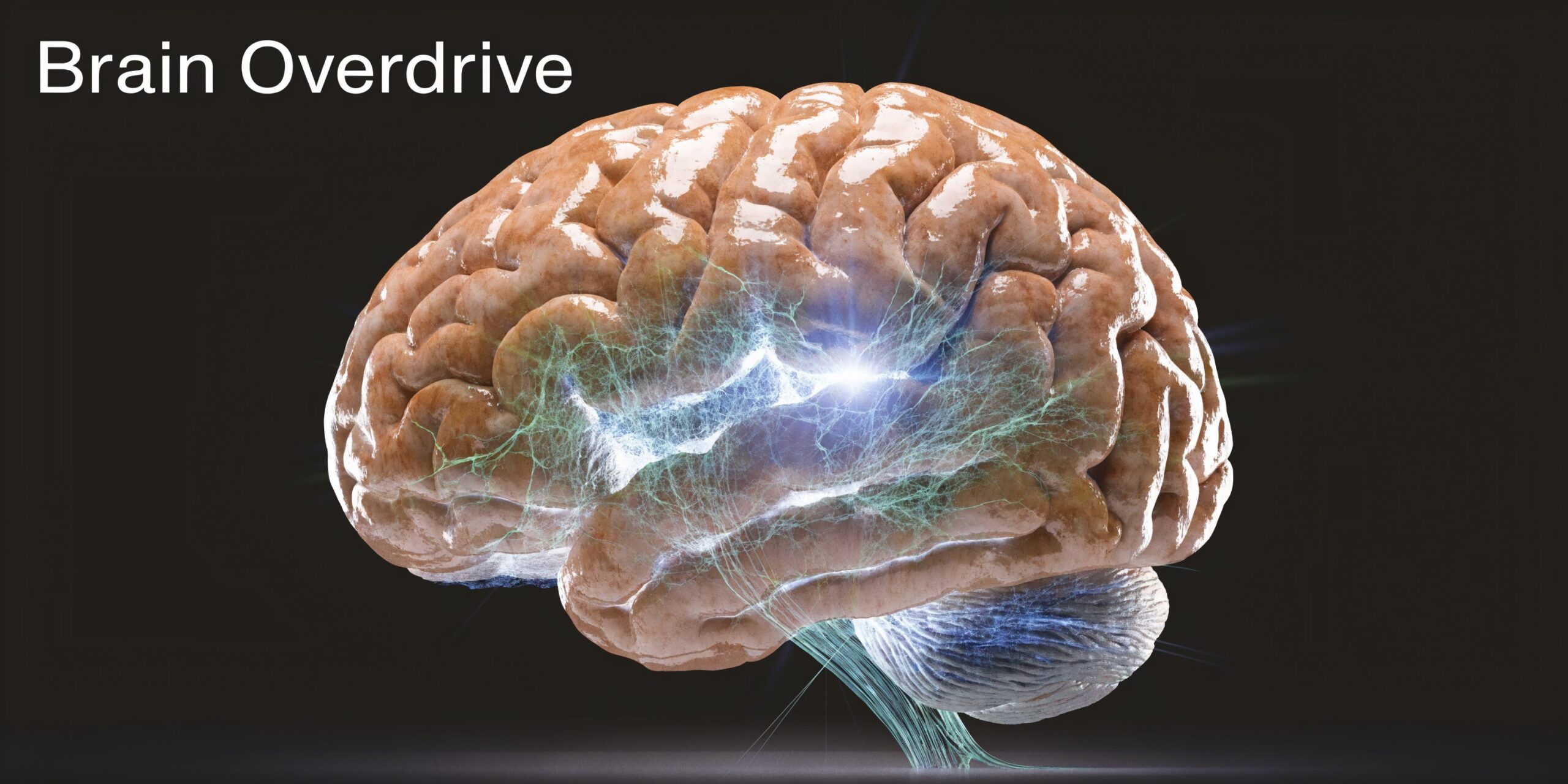 A detailed 3D illustration of a human brain with glowing neural networks against a dark background.