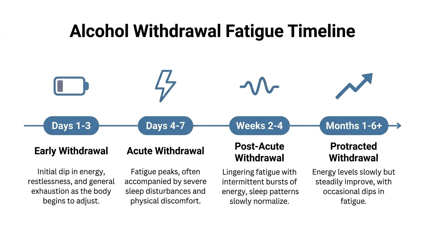 A timeline chart illustrating the progression of alcohol withdrawal fatigue across four distinct recovery stages.