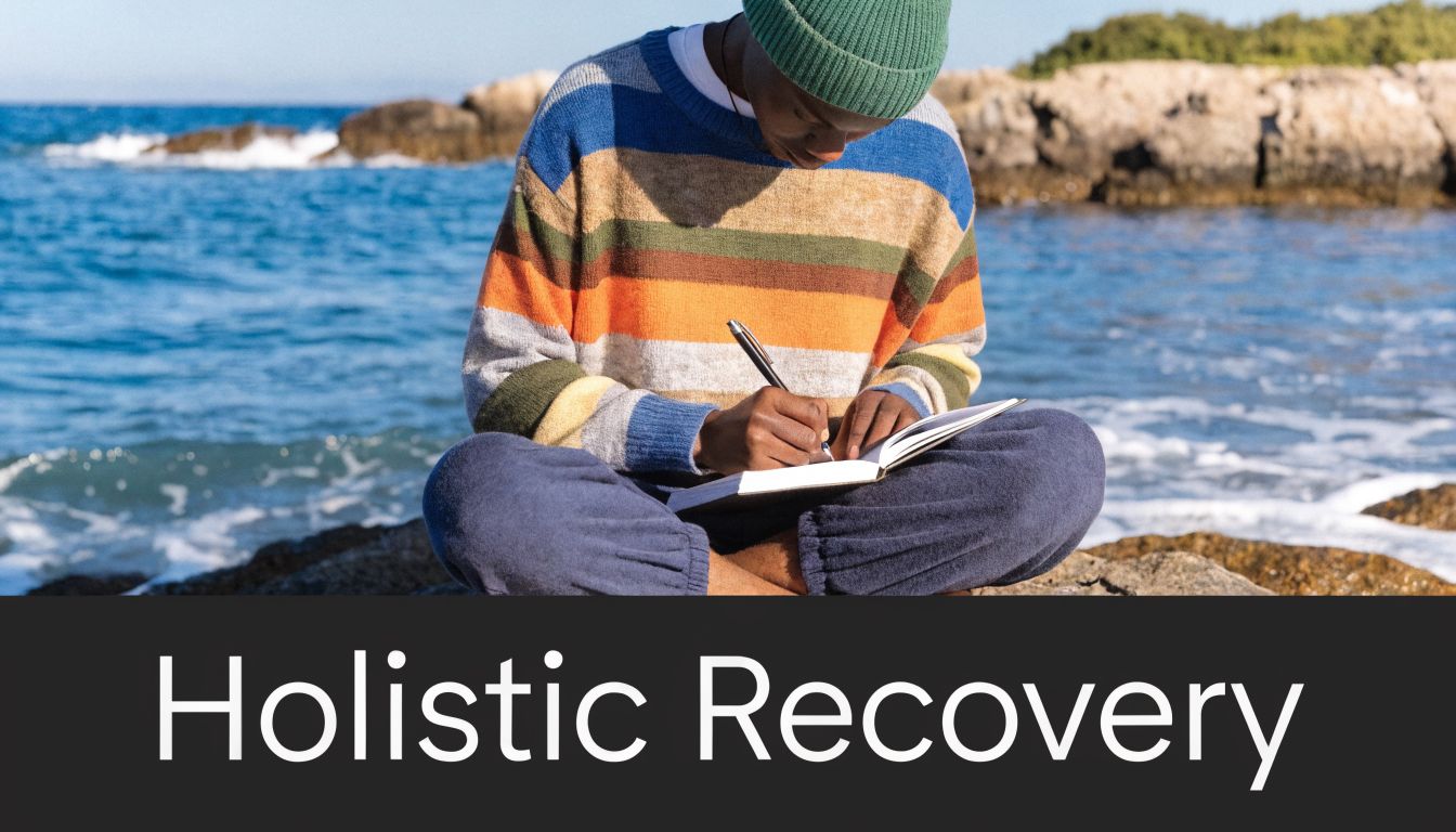 A person sitting on rocks by the ocean while writing in a notebook, symbolizing holistic recovery.
