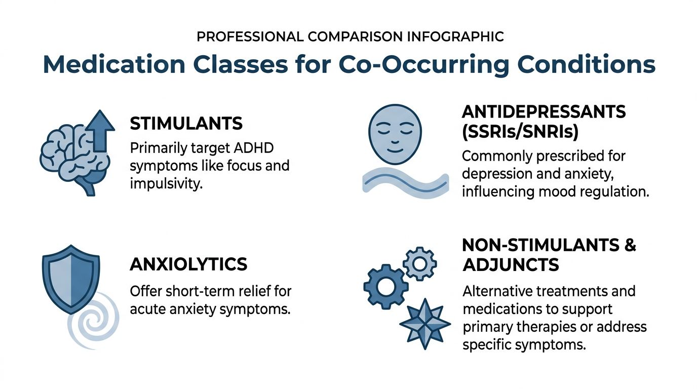 An infographic showing four medication classes used for treating co-occurring conditions like ADHD, depression, and anxiety.