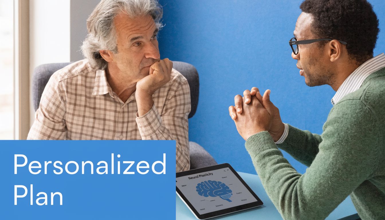 A professional therapist consults with an older male patient while displaying a neural plasticity graphic.