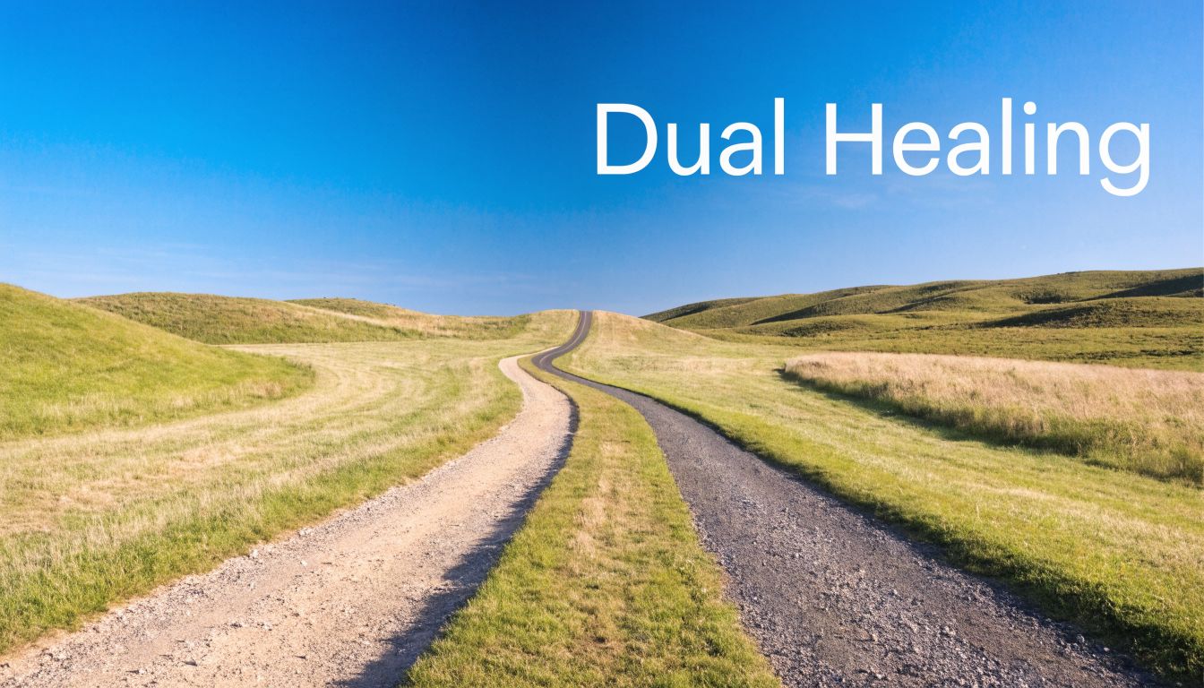 A scenic landscape featuring a path diverging into two separate trails through rolling green grassy hills.