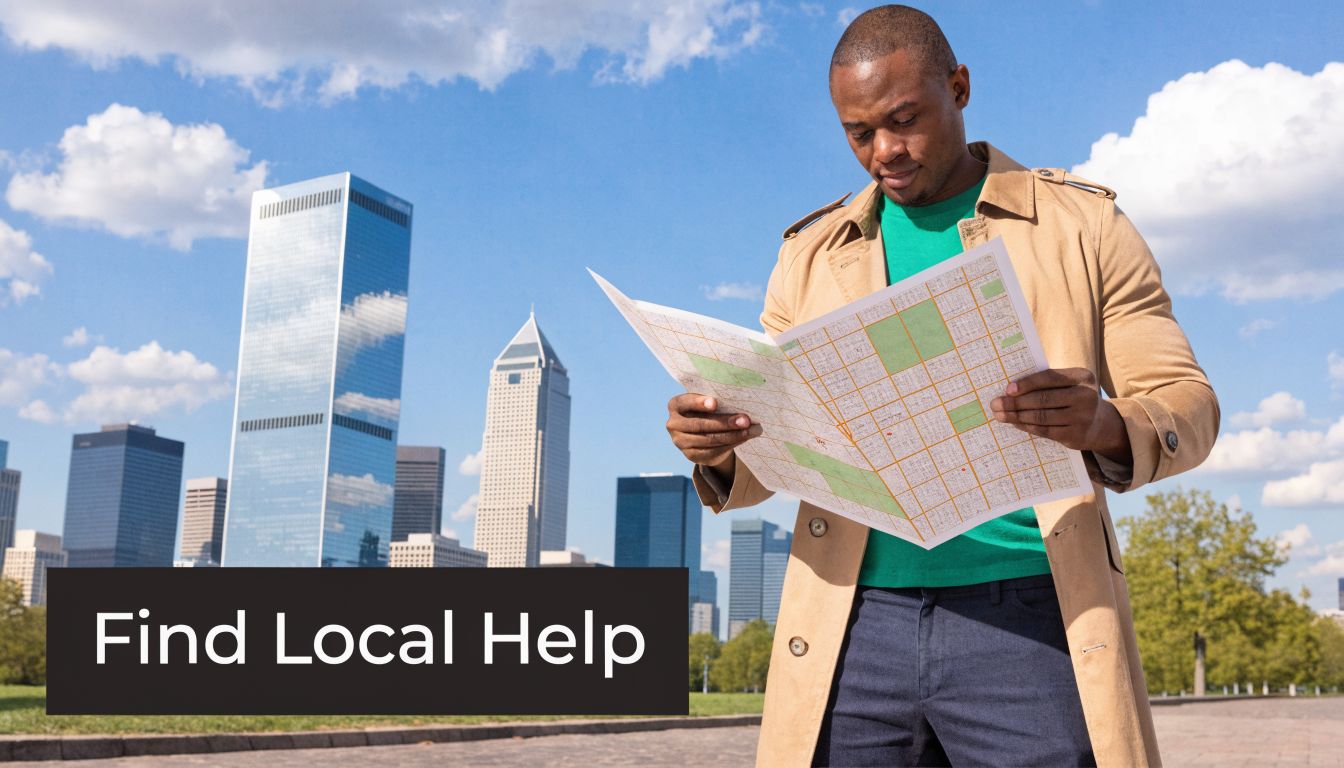 A man in a trench coat looking at a city map outdoors under a blue sky.
