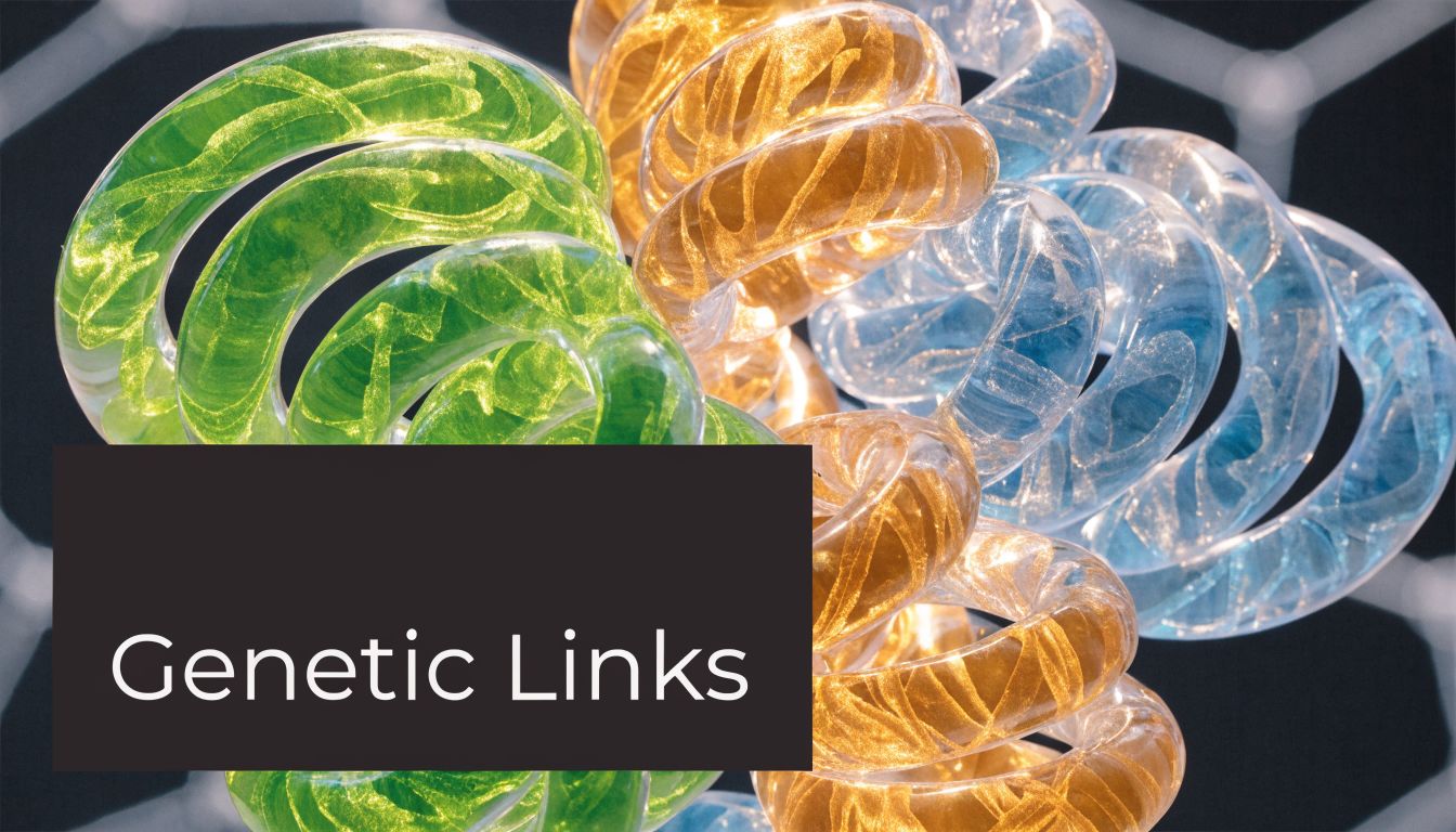 A 3D render of twisted, colorful spiraling DNA strands representing the concept of genetic links.