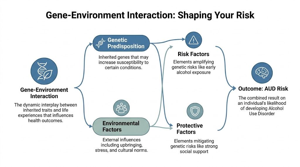 A diagram illustrating how genetics and environmental factors interact to influence the risk of alcohol use disorder.