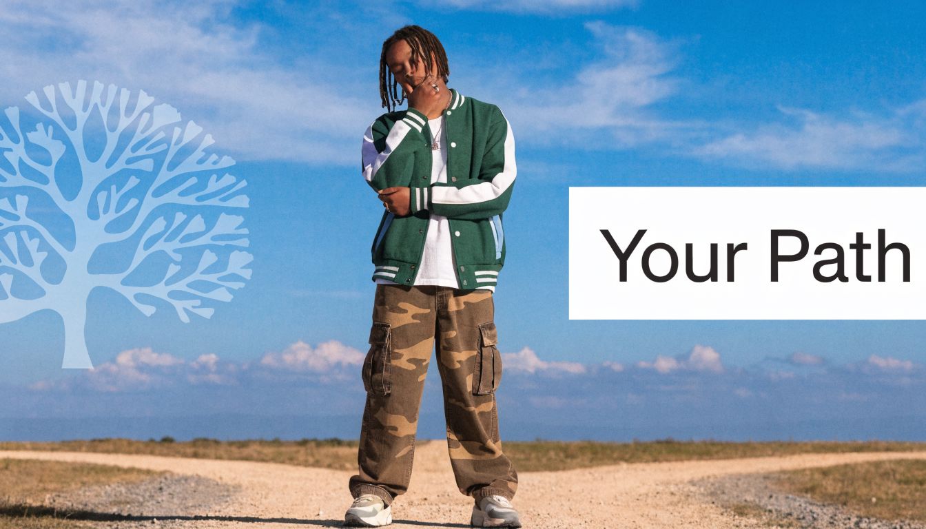 A young man stands at a crossroads in a field, contemplating his life path and future decisions.