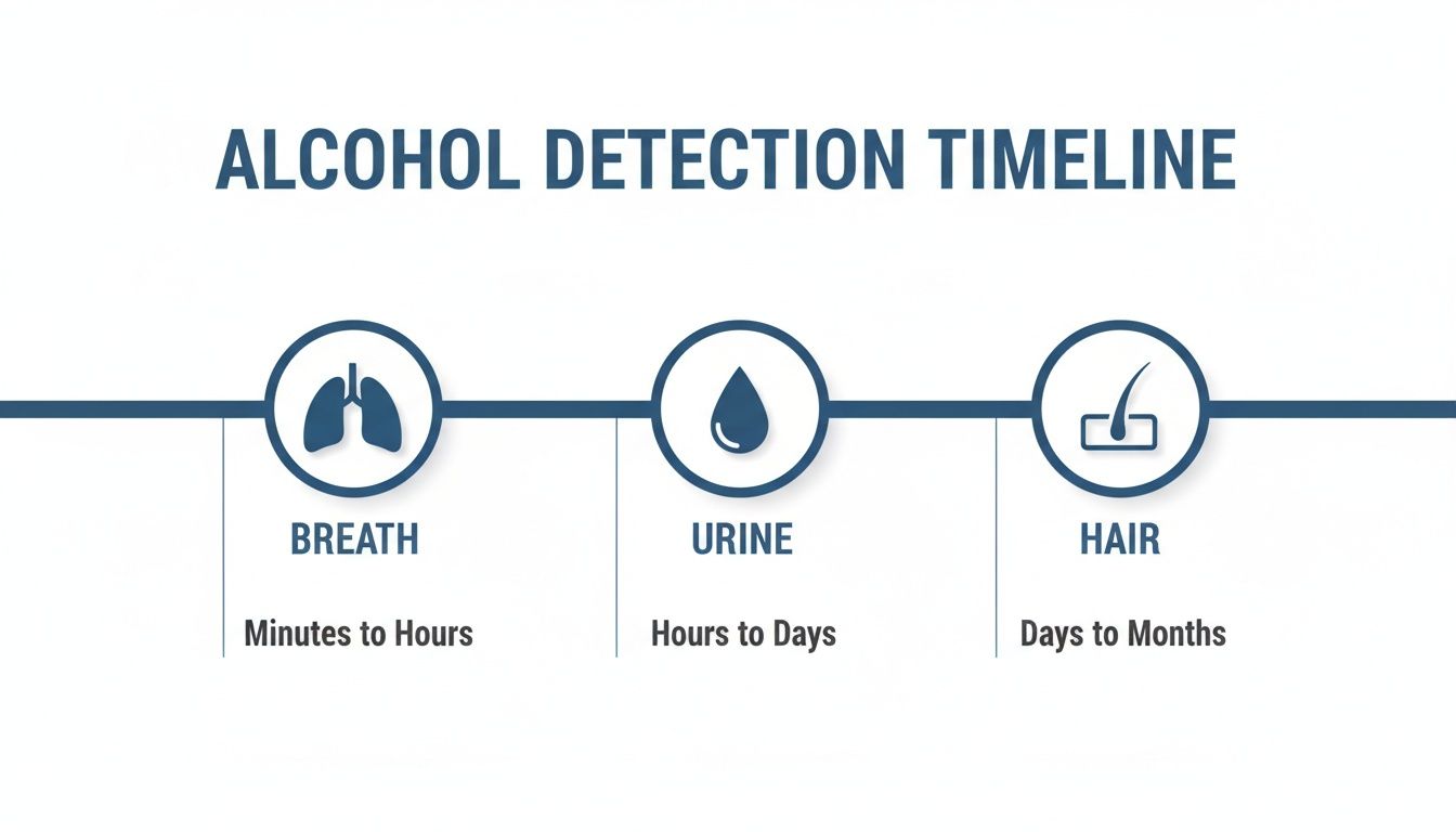 An infographic detailing the alcohol detection timeline in breath, urine, and hair samples, showing detection windows.