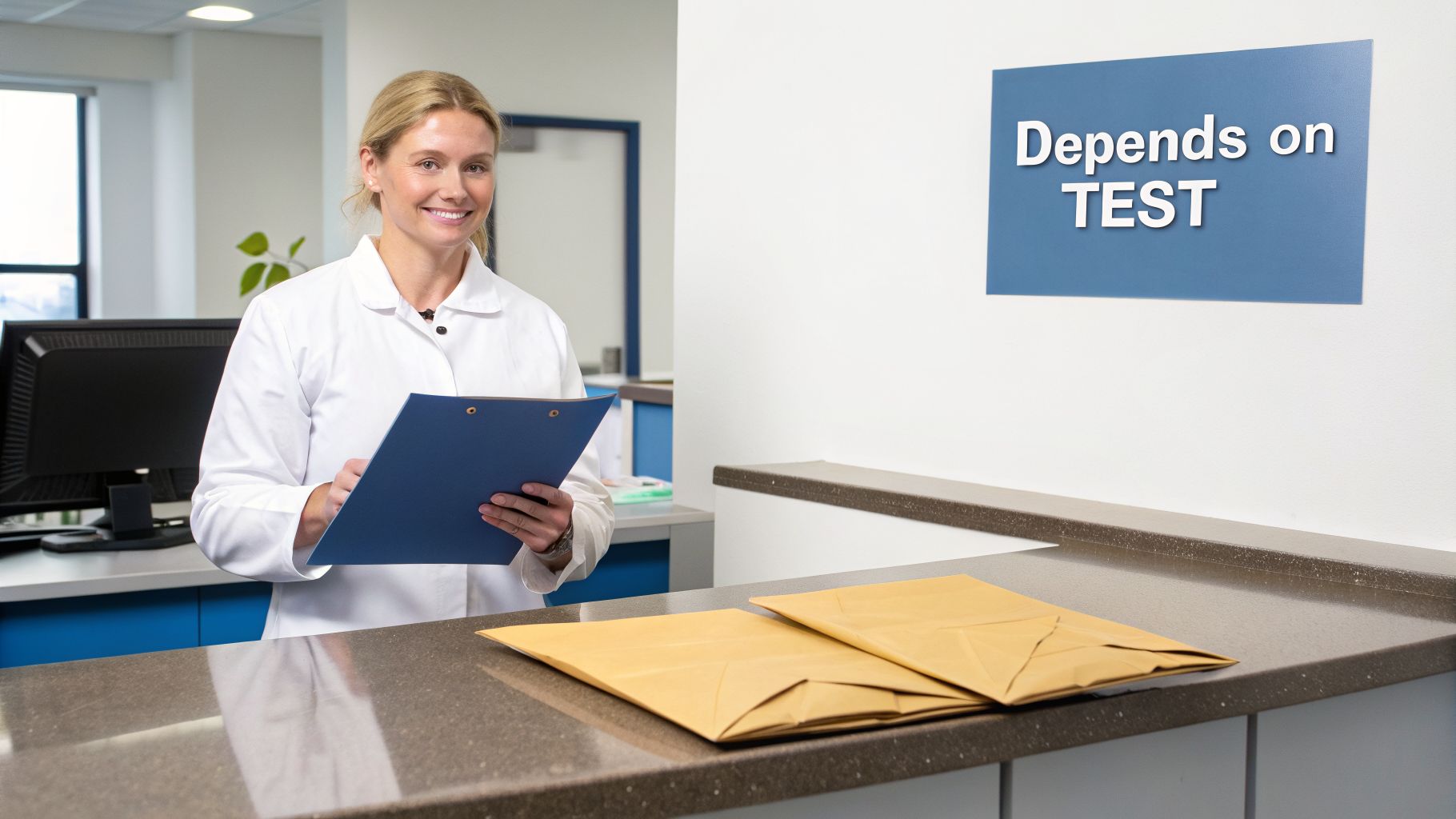 Smiling woman in a lab coat holding a clipboard at a medical reception desk with a sign 'Depends on TEST'.