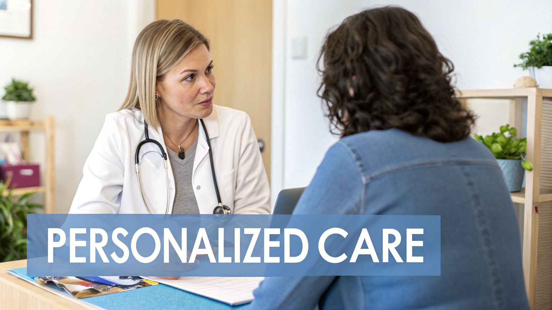 A female doctor in a white coat talks to a patient, emphasizing personalized care.