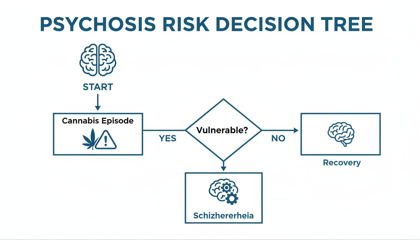 Flowchart showing psychosis risk from cannabis, leading to schizophrenia or recovery based on vulnerability.