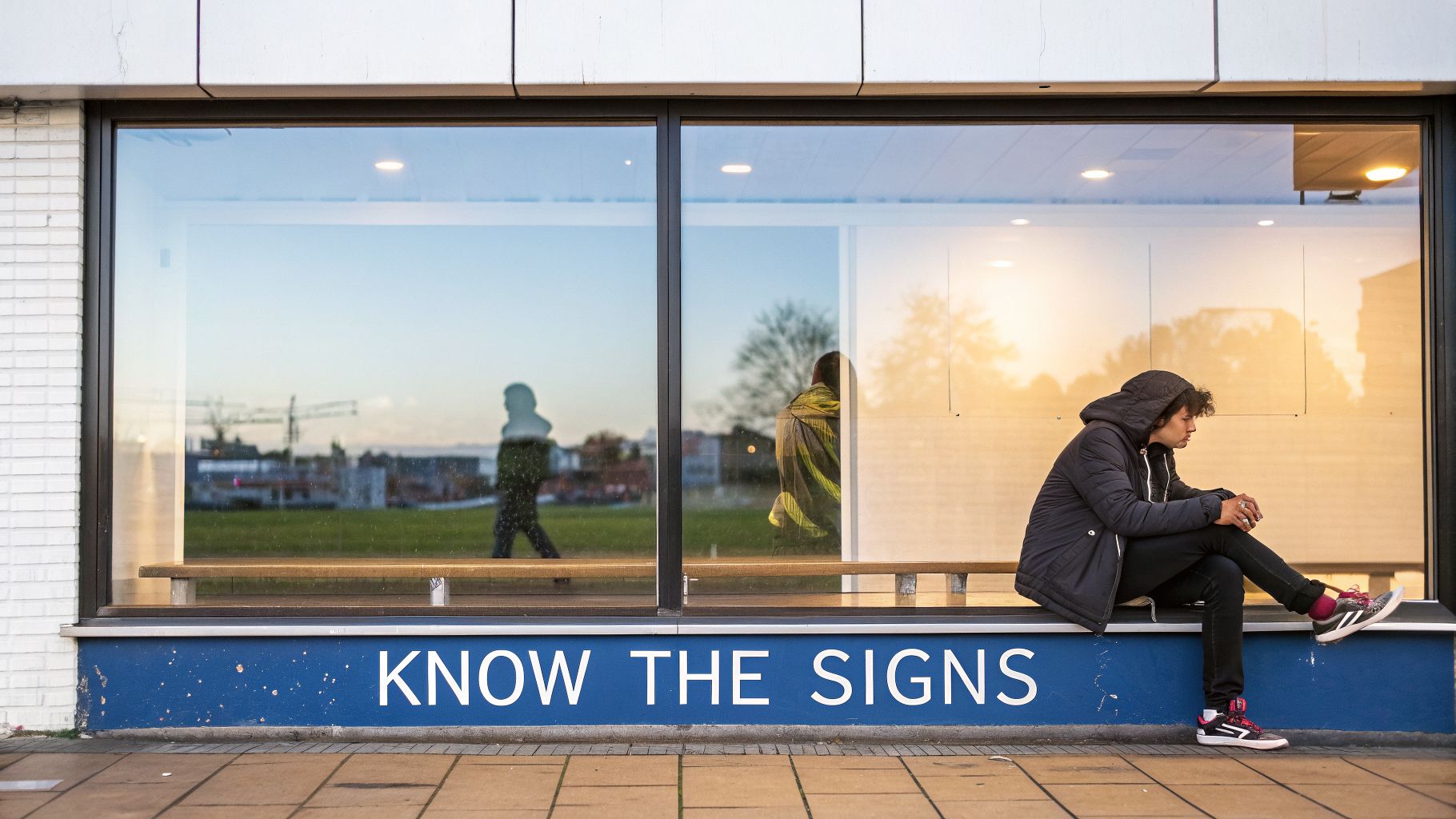 Young man sits outside building with 'KNOW THE SIGNS' message, reflected people in windows.