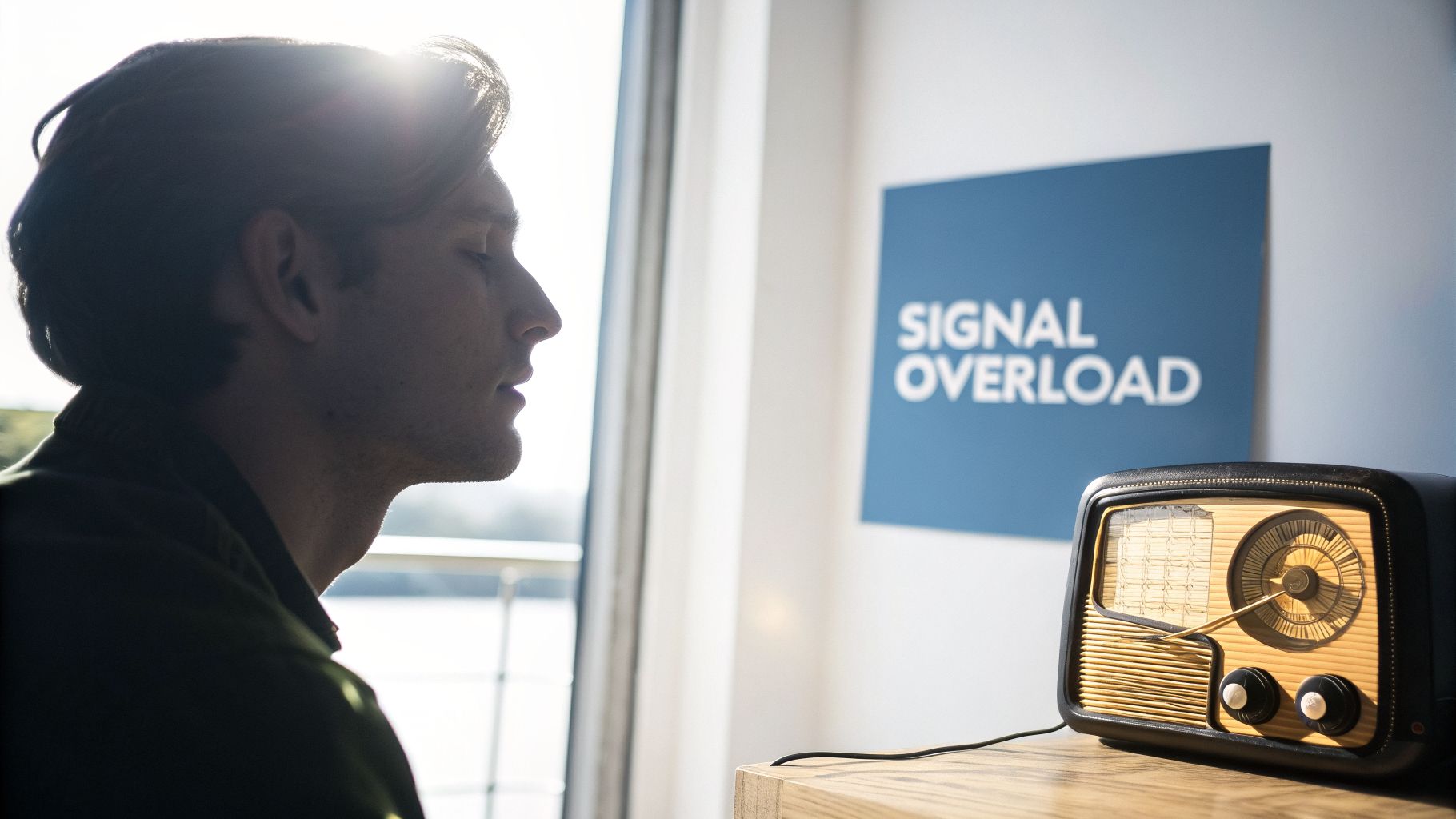 Profile of a man, a 'SIGNAL OVERLOAD' sign, and a vintage radio on a wooden table.
