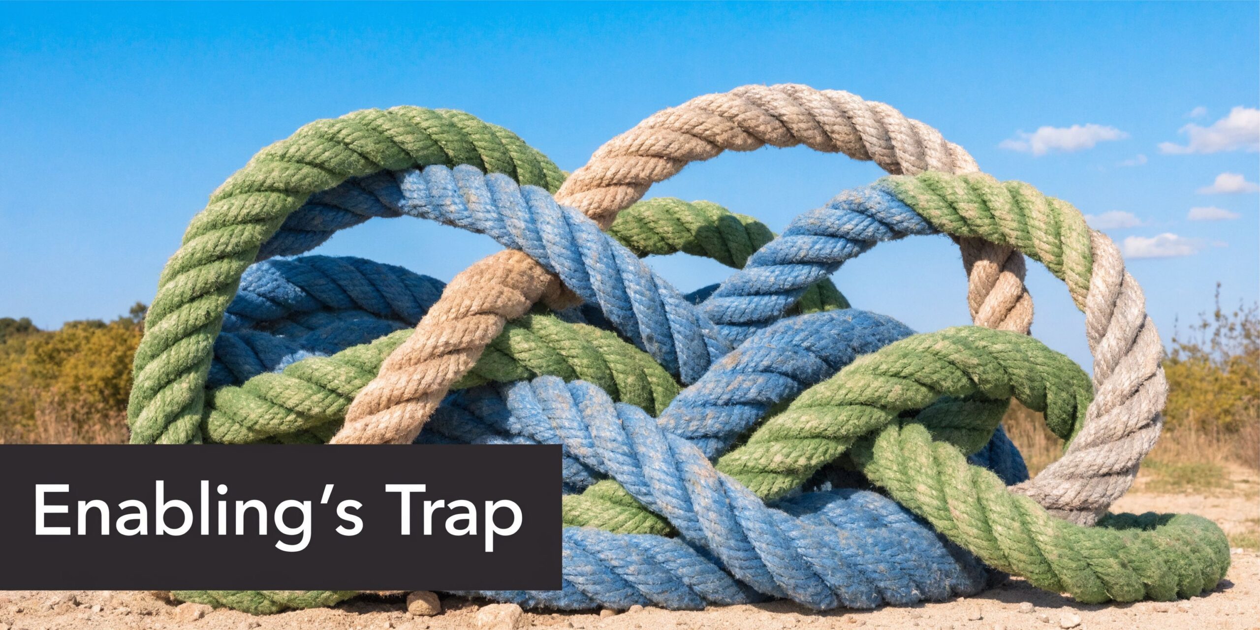 A pile of entangled green, blue, and beige ropes symbolizing complexity and entrapment against a blue sky.