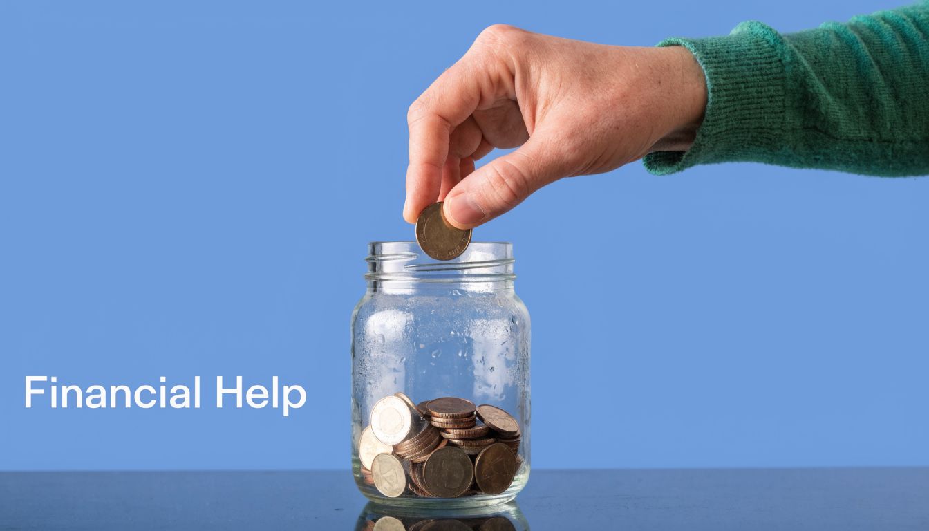 A hand placing a coin into a glass jar filled with savings, representing the concept of financial assistance.