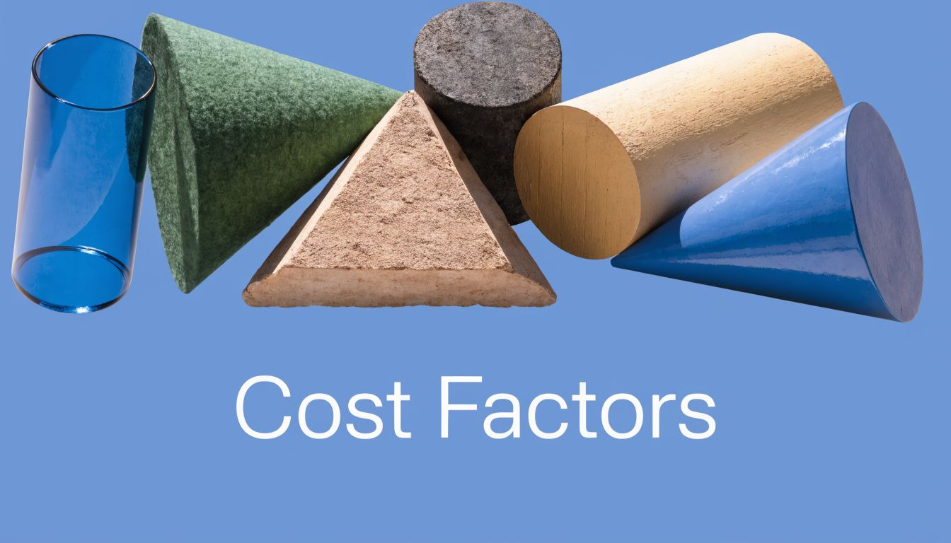 Various geometric shapes including a blue glass, a cone, a pyramid, and cylinders against a blue background.