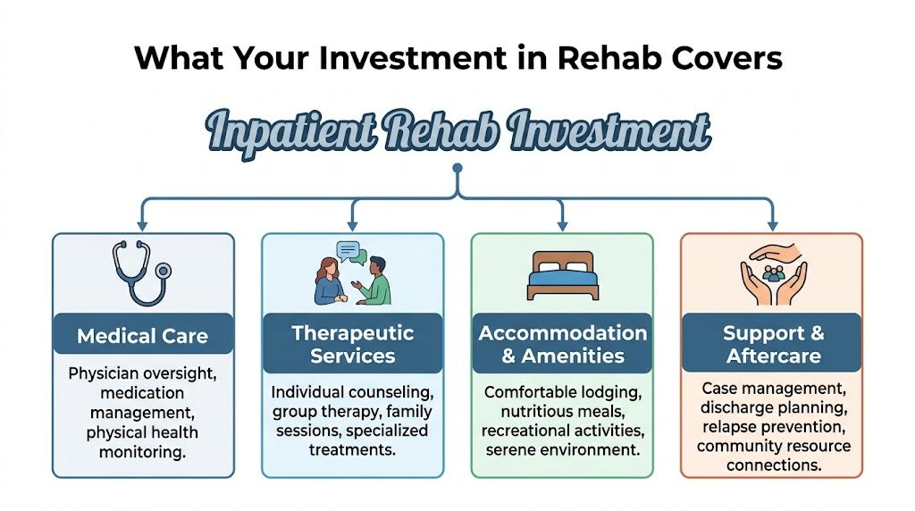 An infographic titled What Your Investment in Rehab Covers, detailing components like medical care, therapeutic services, and amenities.