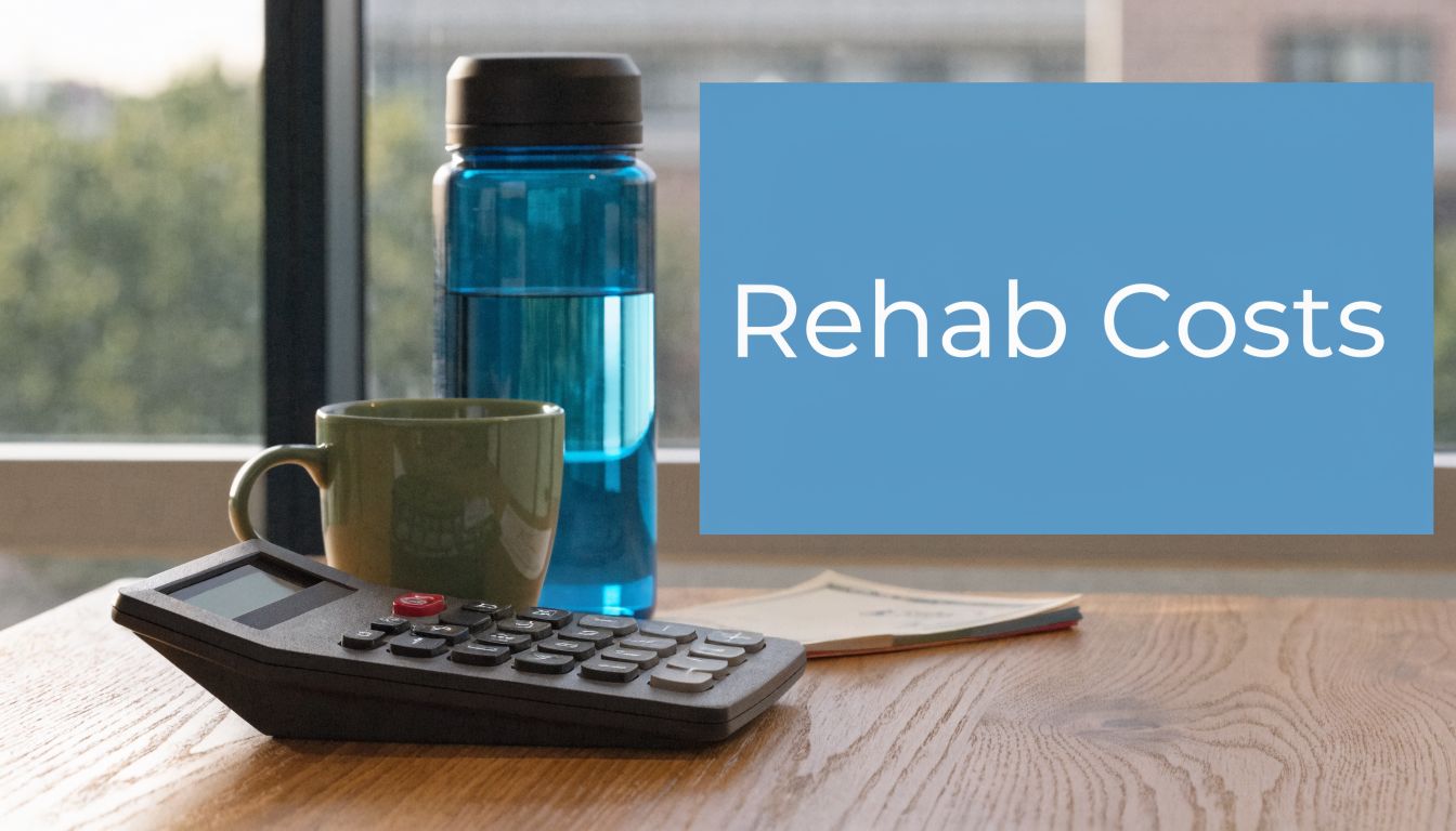 A calculator, a coffee mug, and a water bottle rest on a wooden desk near a window.