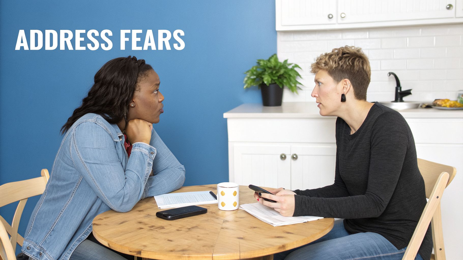 Two women sit at a table, looking at each other intently during a serious conversation.